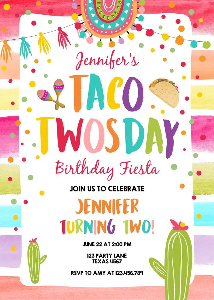 Taco Twosday Fiesta Birthday Invitation | Editable Canva 2nd Birthday Girl