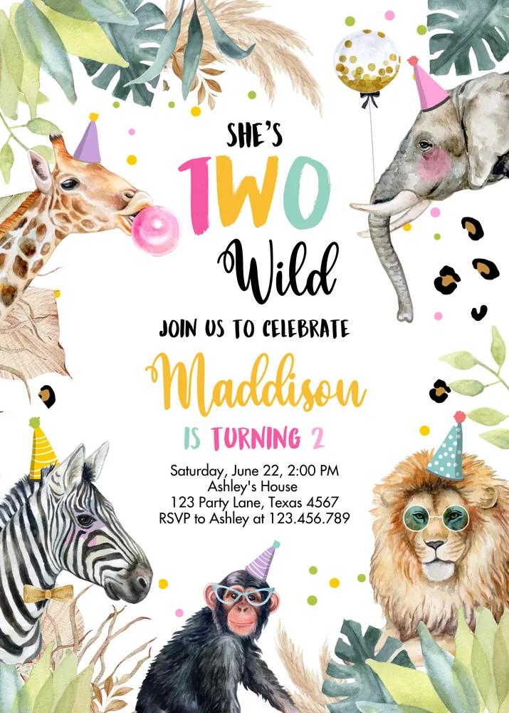 Girl Two Wild Pink Gold Safari Birthday Invitation Canva Template