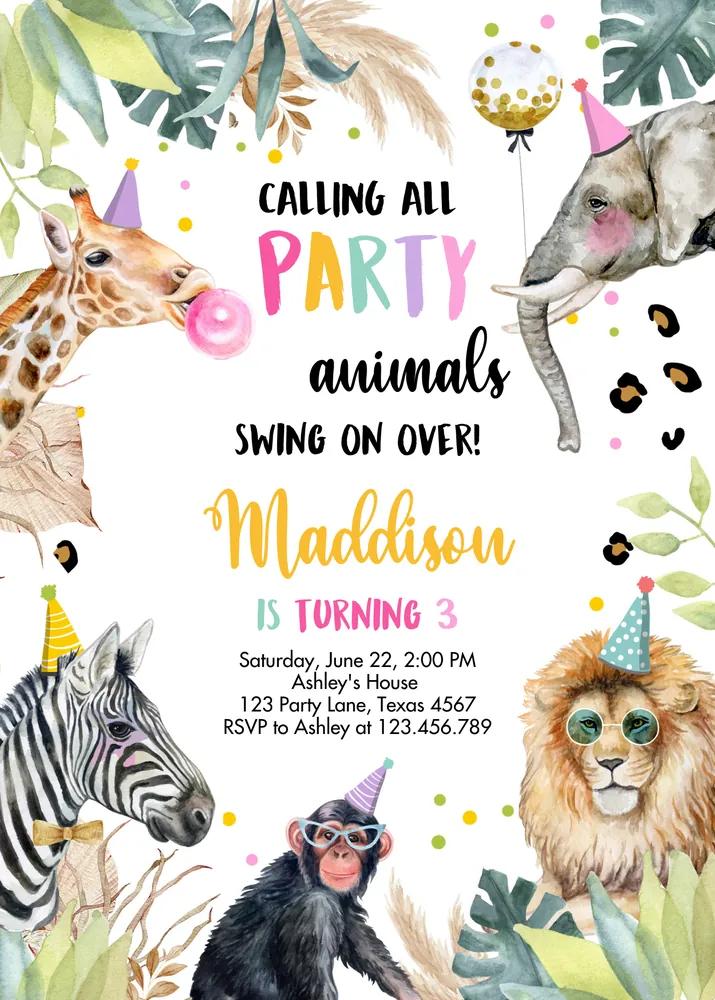 Party Animals Birthday Invitation | Zoo Safari Wild One Girl Canva Template