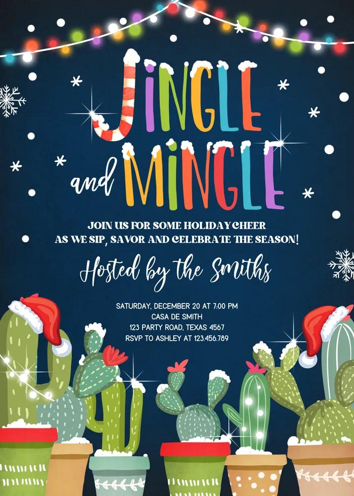 Jingle Mingle Christmas Fiesta Invitation | Mexican Holiday Cactus Canva Template