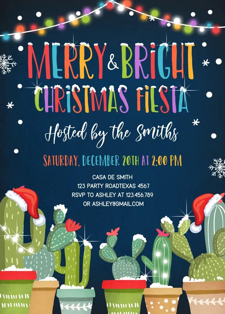 Merry & Bright Christmas Fiesta Invitation | Editable Cactus Holiday Canva DIY
