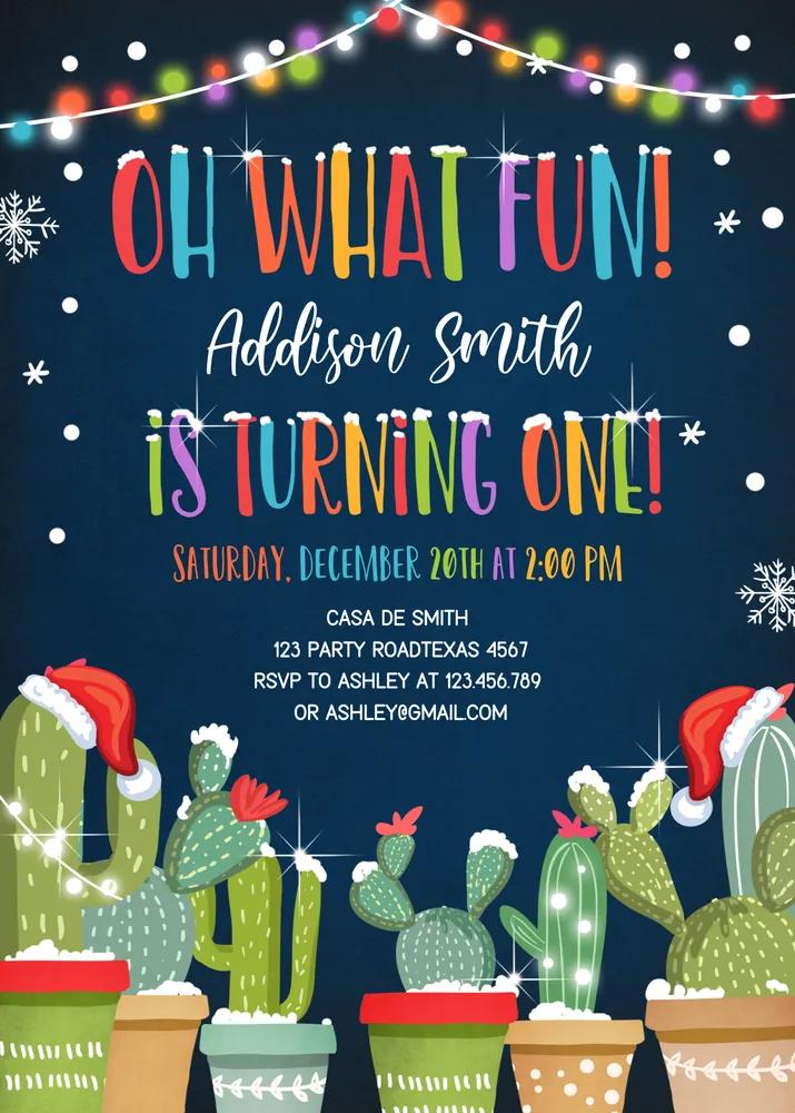 Oh What Fun Christmas Fiesta 1st Birthday Invitation | Editable Canva Template