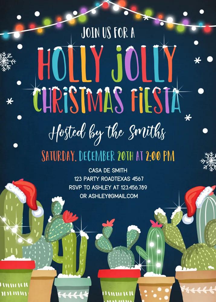 Holly Jolly Cactus Christmas Fiesta Invitation - Editable Canva Template