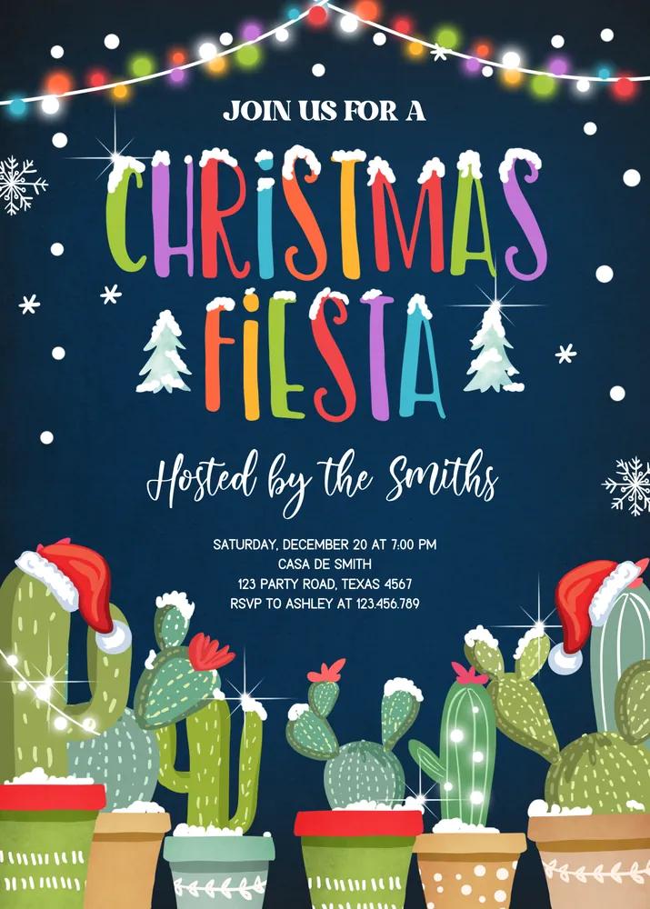 Christmas Fiesta Invitation, Editable Mexican Cactus Holiday Party Canva Template