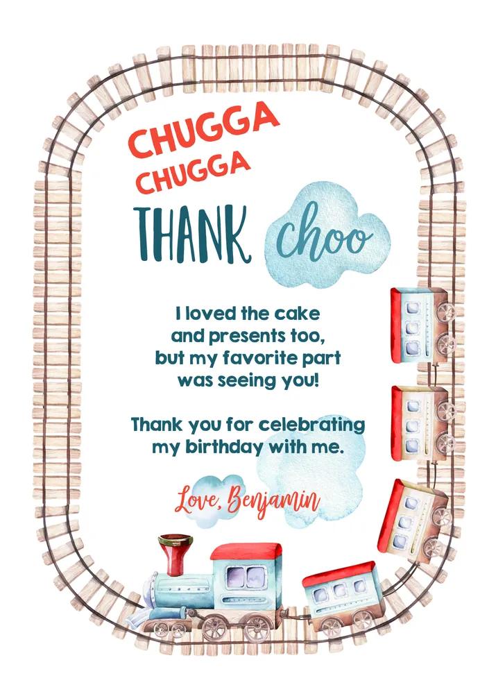 Vintage Train Thank You Card Template - Editable Boy Birthday Railroad Invite
