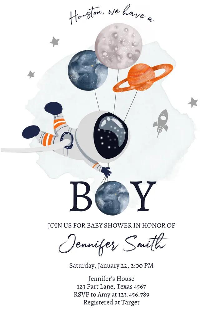 Space Astronaut Baby Shower Invitation Canva Template Boy Galaxy Orange Planets