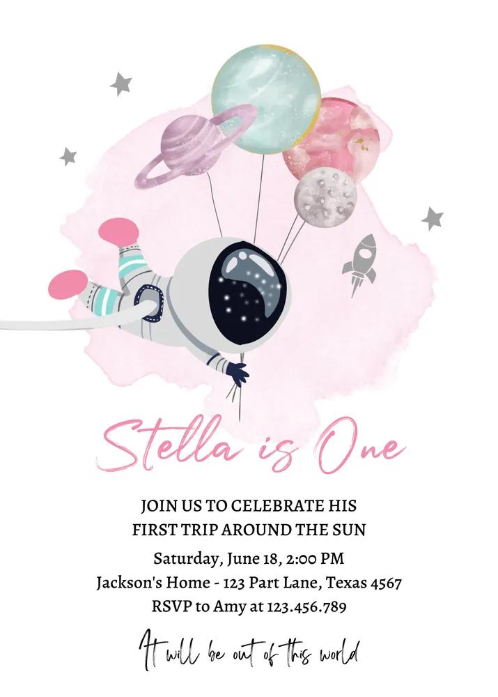 Pink Outer Space Birthday Invitation | Girl Astronaut Trip Around the Sun Canva