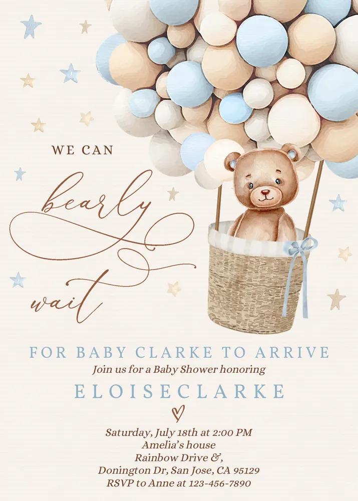 Blue Teddy Bear Hot Air Balloon Baby Shower Invitation Canva Template