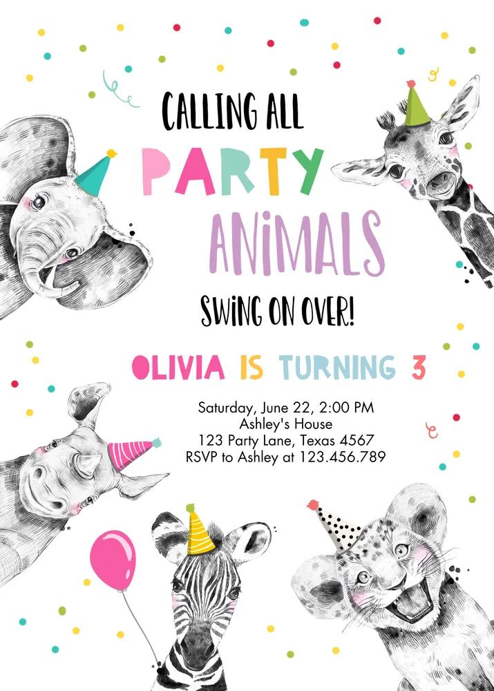 Party Animals Birthday Invitation | Girl Zoo Safari Wild One Canva Template
