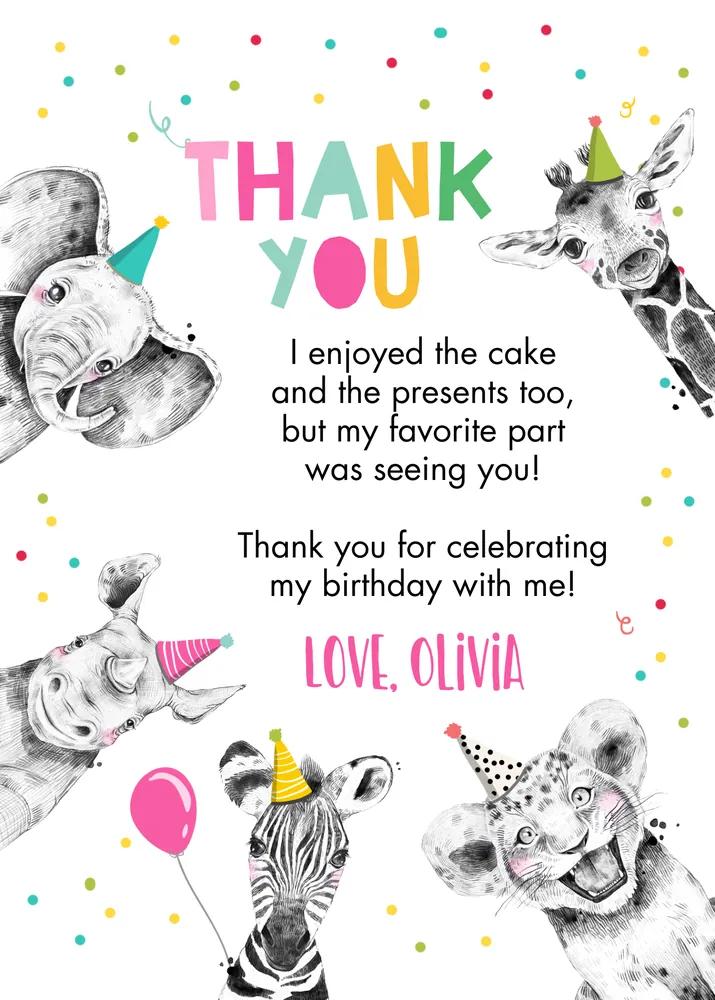 Girl Safari Thank You Card Template - Pink Wild One Zoo Animal Birthday Note