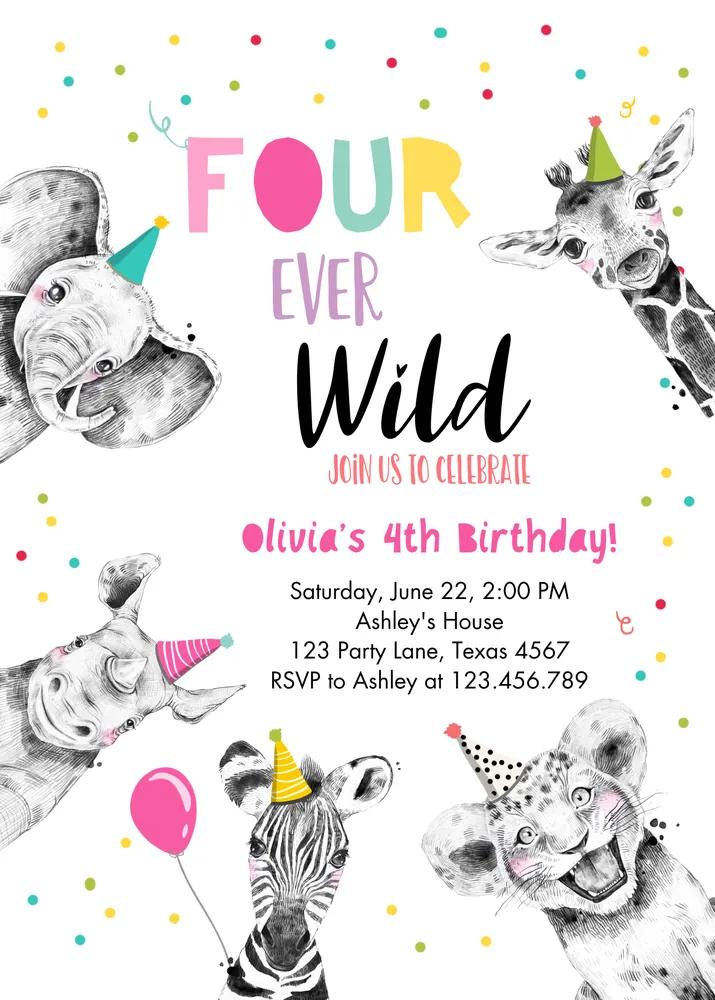 Four Ever Wild 4th Birthday Invitation, Girl Pink Gold Safari Canva Template