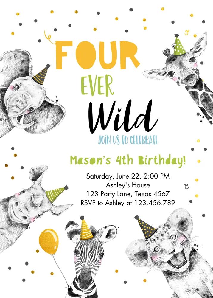 Four Ever Wild 4th Birthday Invitation Canva Template Boy Safari Green Gold