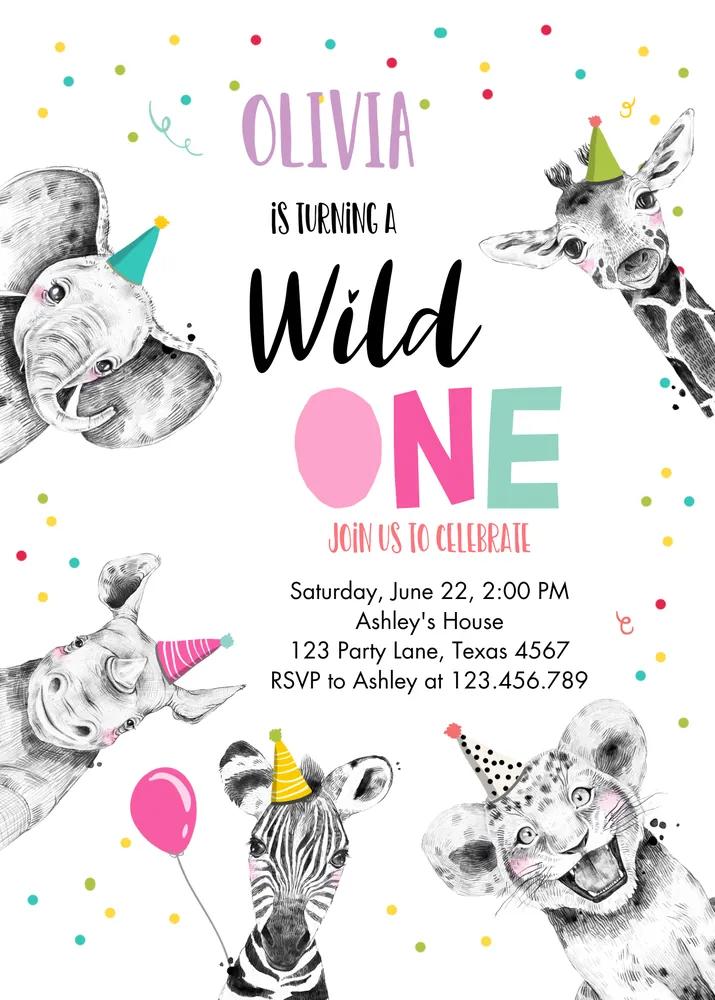 Wild One Girl 1st Birthday Invitation, Safari Animal Pink Gold Canva Template