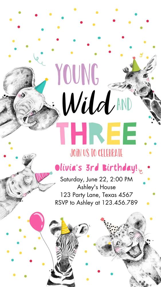 Young Wild and Three Safari Birthday Invite | Editable Canva Girl Party Template