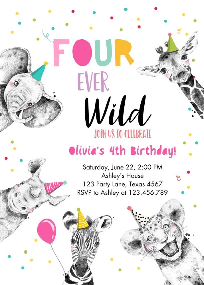 Four Ever Wild Birthday Invitation | Girl 4th Pink Gold Safari Canva Template