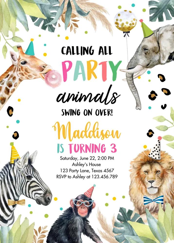 Party Animals Birthday Invitation | Girl Zoo Safari Wild One Canva Template
