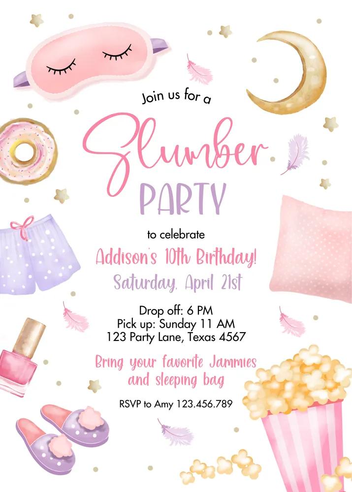 Pink Slumber Party Birthday Invitation | Editable Canva Sleepover Invite Template