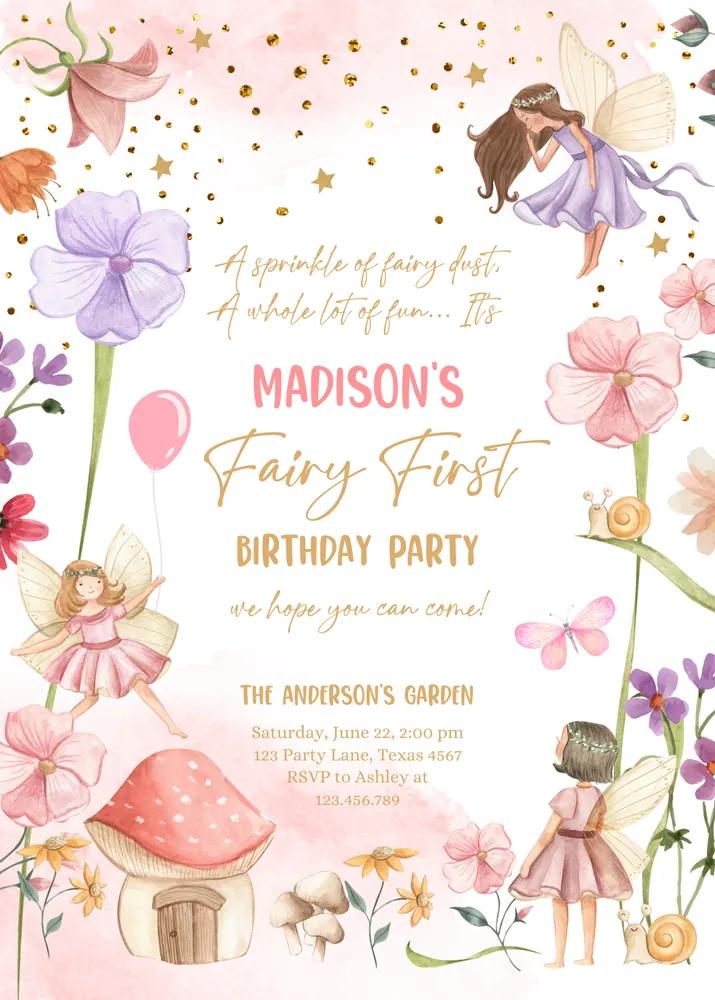 Fairy First Birthday Invitation | Editable Canva Template | Magical Garden Forest