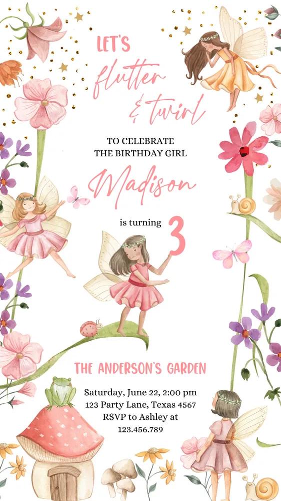 Fairy Garden Electronic Birthday Invite | Girl 1st Birthday Canva Template