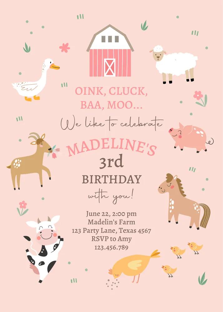 Editable Pink Farm Animal Birthday Invitation Canva Template Girl Barnyard Party