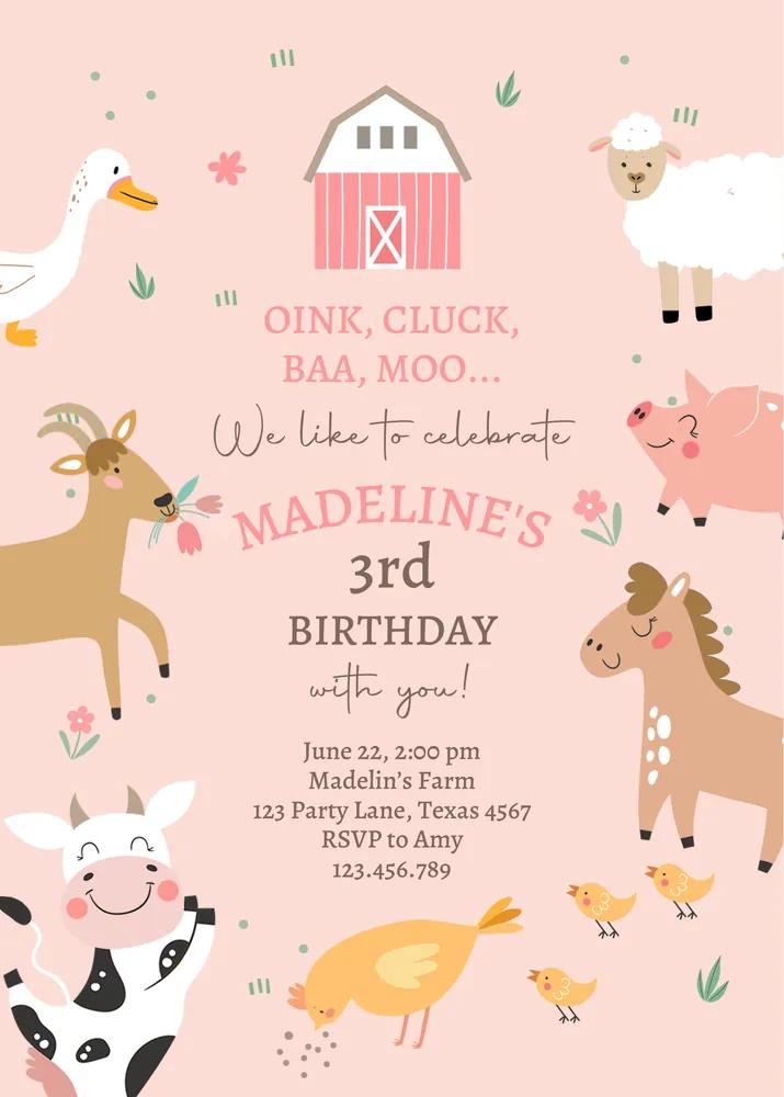 Farm Birthday Invitation Girl | Pink Barnyard Animals Canva Template