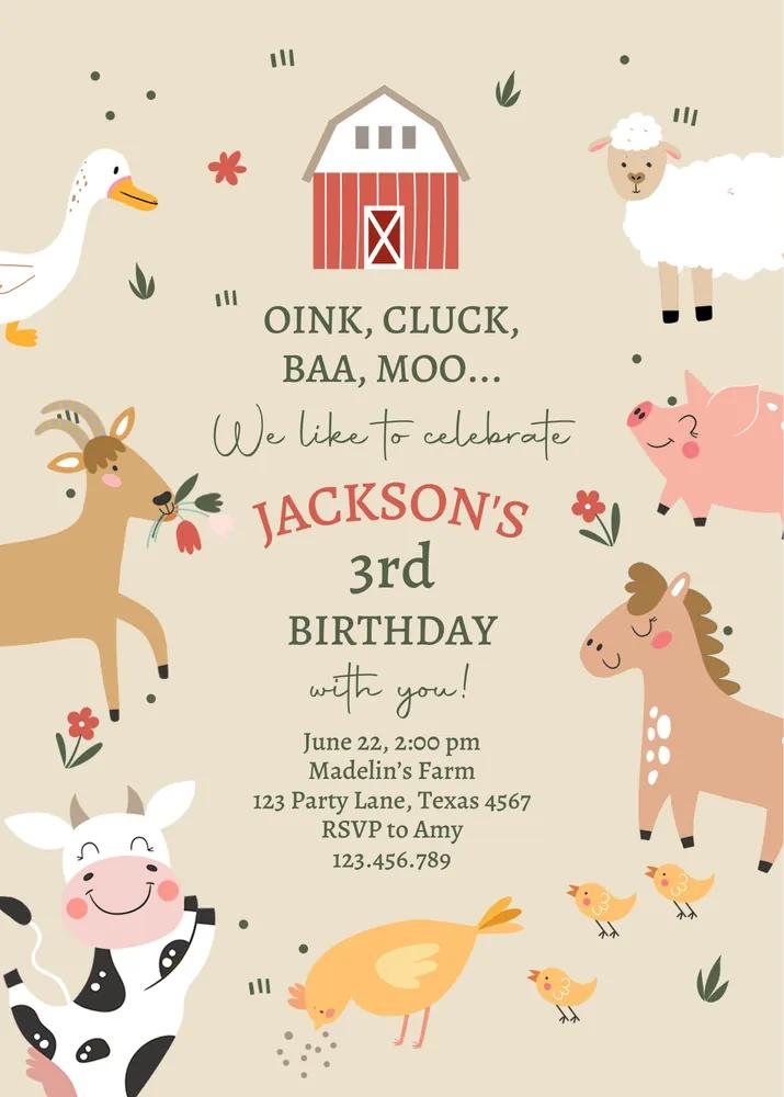 Farm Animals Birthday Invitation Boys Barnyard 1st Birthday Canva Template