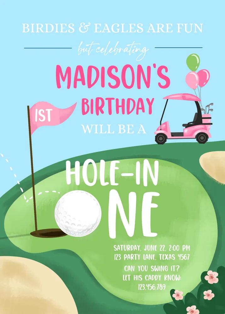 Hole in One Girl 1st Birthday Invitation | Golf Par-Tee Canva Template