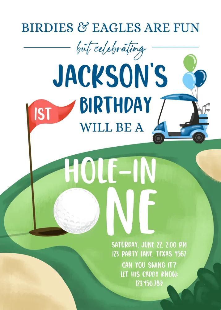 Hole in One Golf First Birthday Invitation Canva Template Par-tee Invite