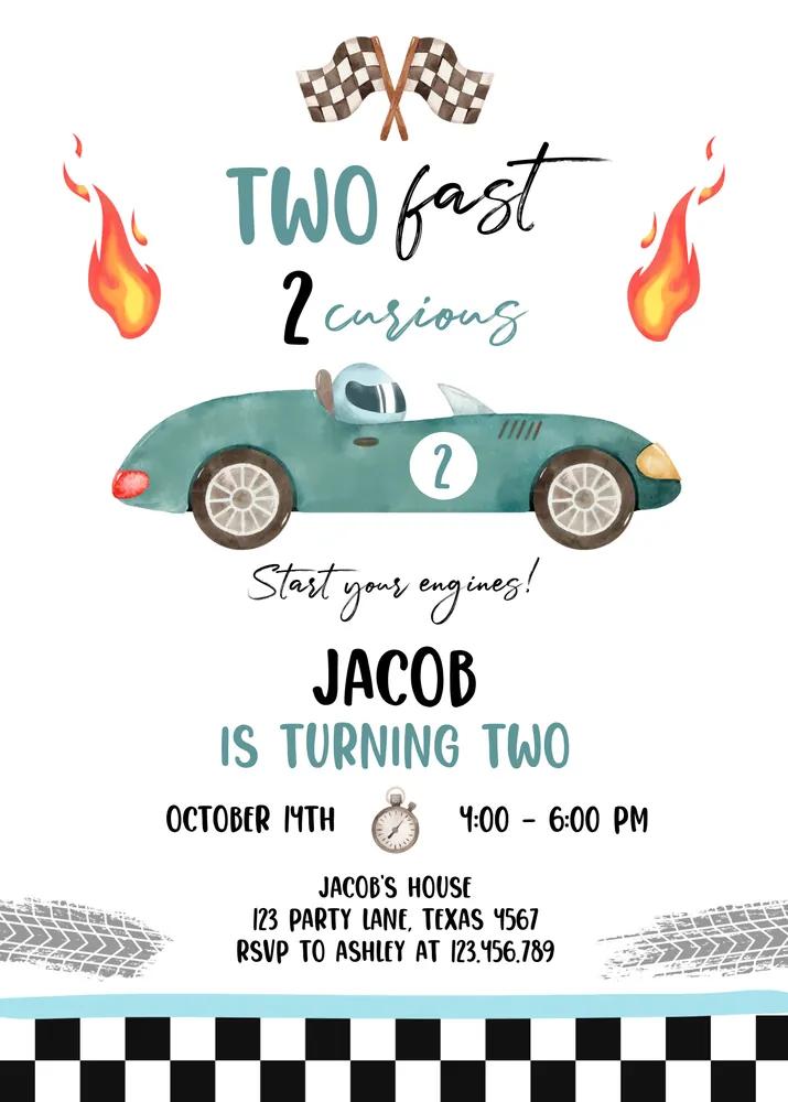 Two Fast Race Car 2nd Birthday Invitation Canva Template Editable