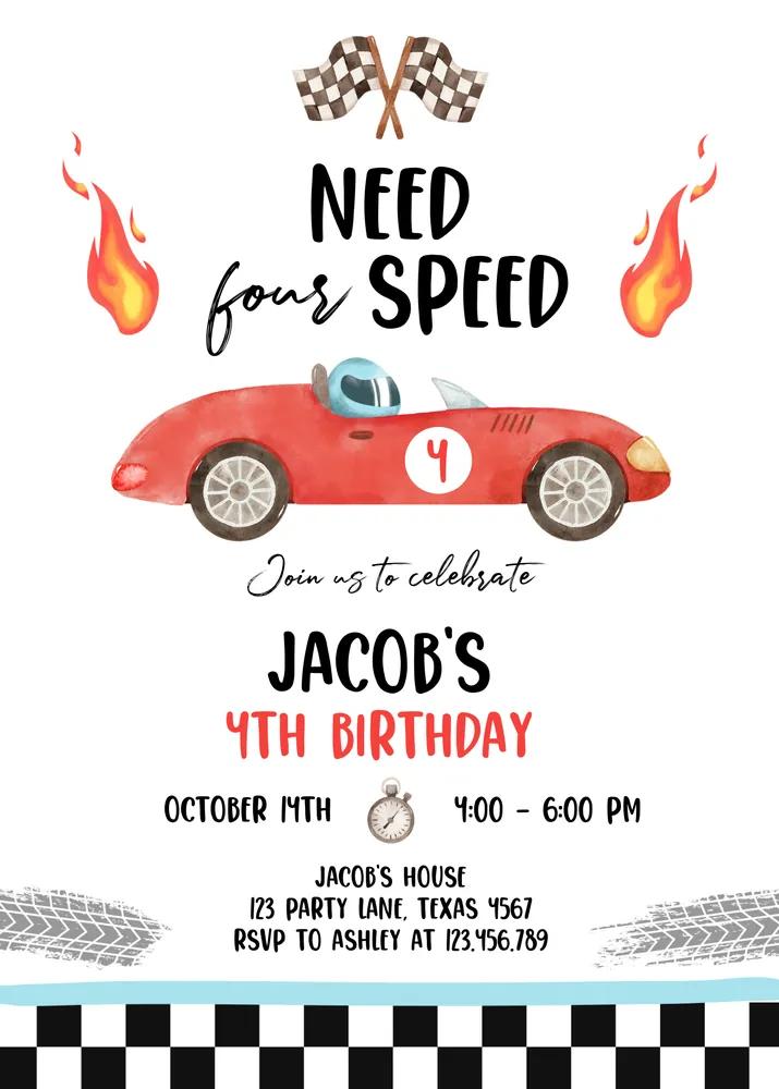 Racing Car 4th Birthday Invite | Need Four Speed Canva Template Digital Download