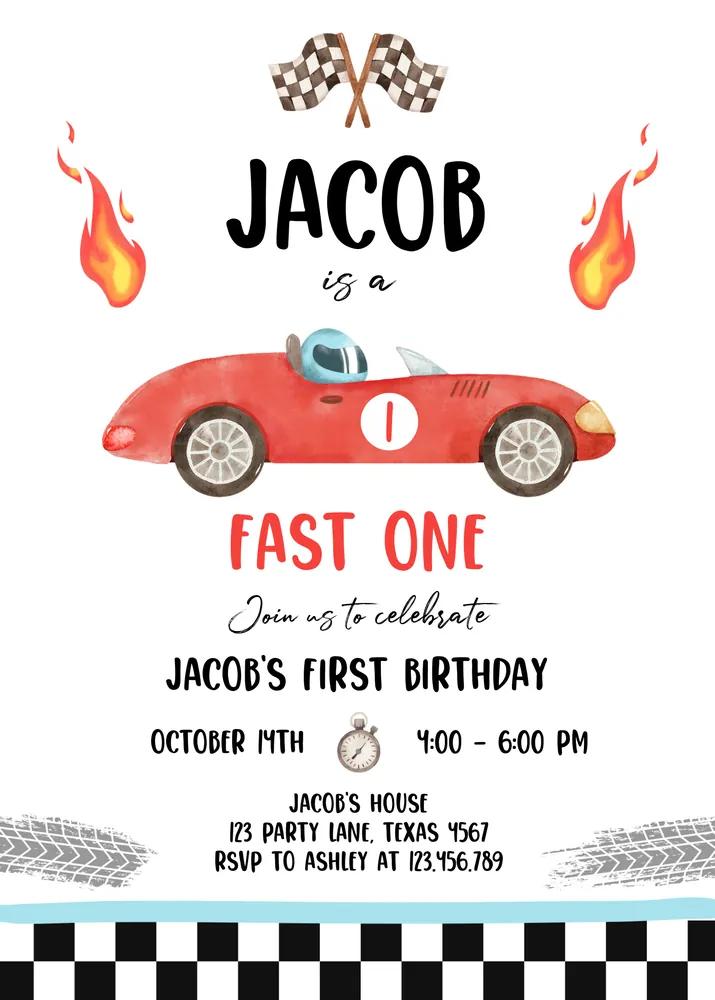 Race Car 1st Birthday Invitation | Fast One Birthday Canva Template