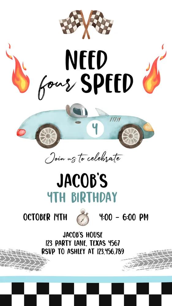 Racing Car 4th Birthday Invitation | Need Four Speed Canva Digital Evite