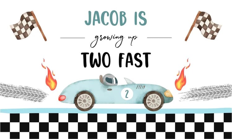Racing Car 2nd Birthday Backdrop Banner Template - Growing Up Two Fast