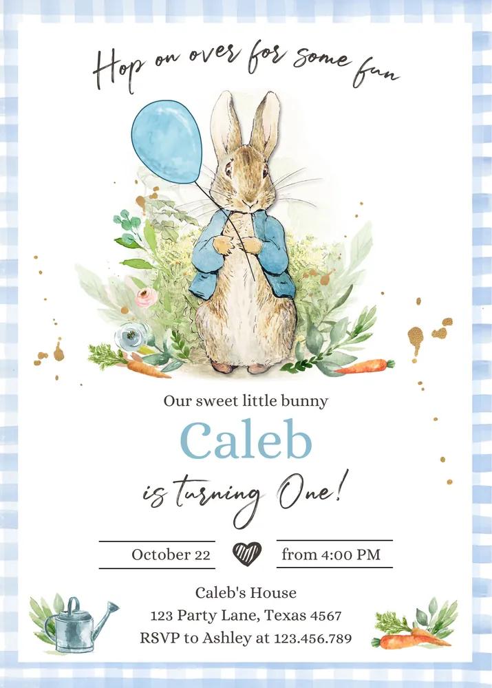 Peter Rabbit 1st Birthday Invitation | Blue Rustic Boys Editable Canva Template