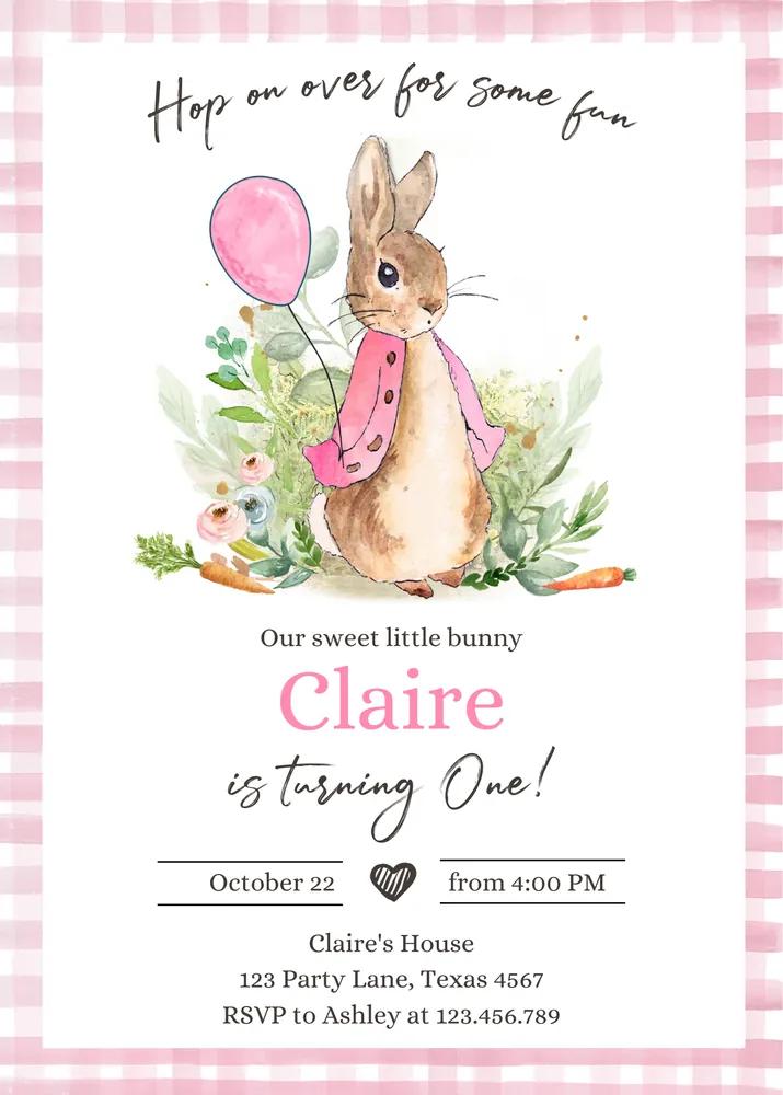 Flopsy Bunny Birthday Invitation | Pink Rustic Peter Rabbit 1st Birthday Canva