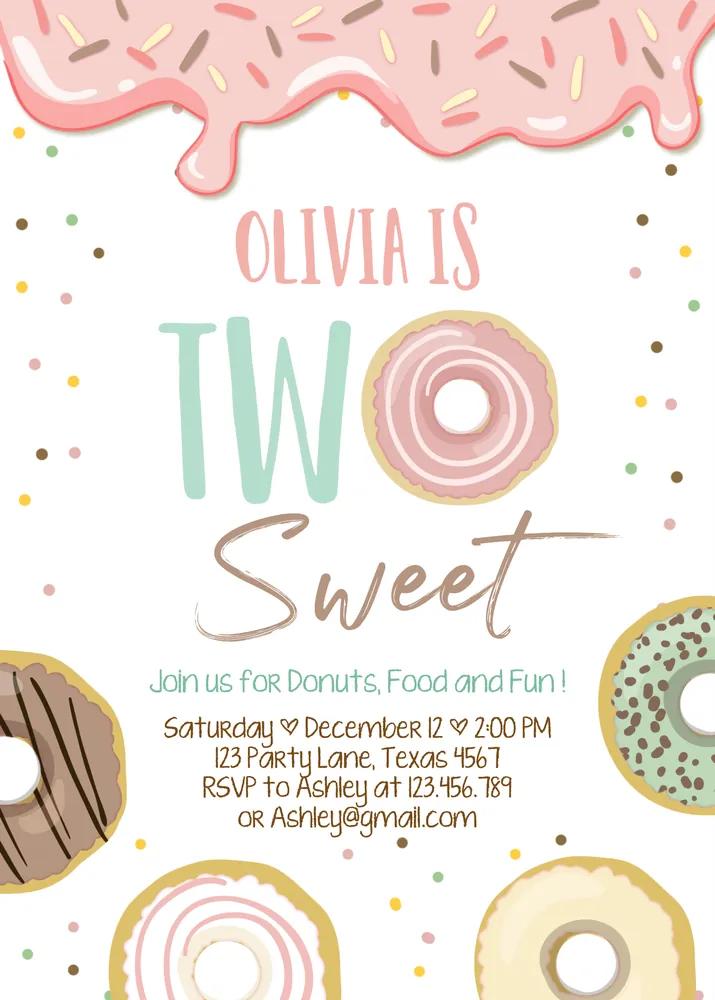 Two Sweet Donut 2nd Birthday Invitation Canva Template | Girl Pink Doughnut