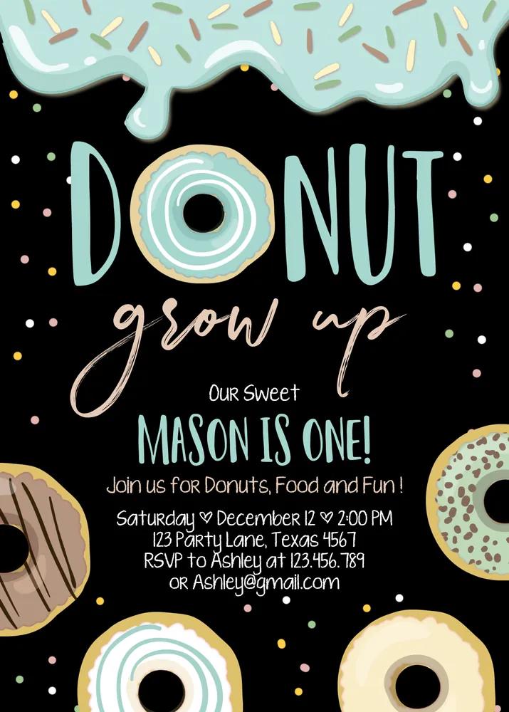 Donut Grow Up 1st Birthday Invitation | Editable Blue Boy Canva Template