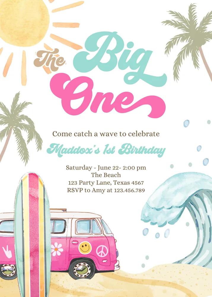 Retro The Big One Girl Surf 1st Birthday Invite Canva Template