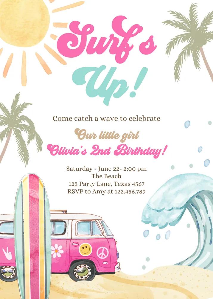 Retro Surfboard Birthday Invitation | Surf Up Beach Party Canva Template