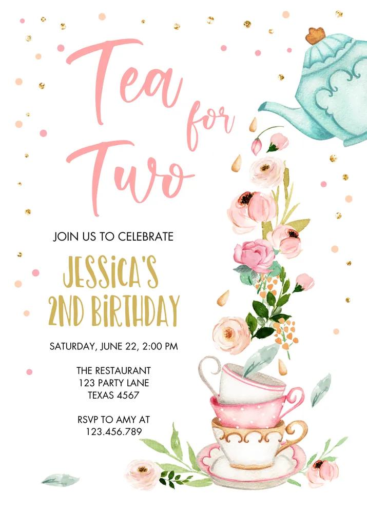 Tea for Two Birthday Invitation Canva Template Girl Pink Gold Floral Editable