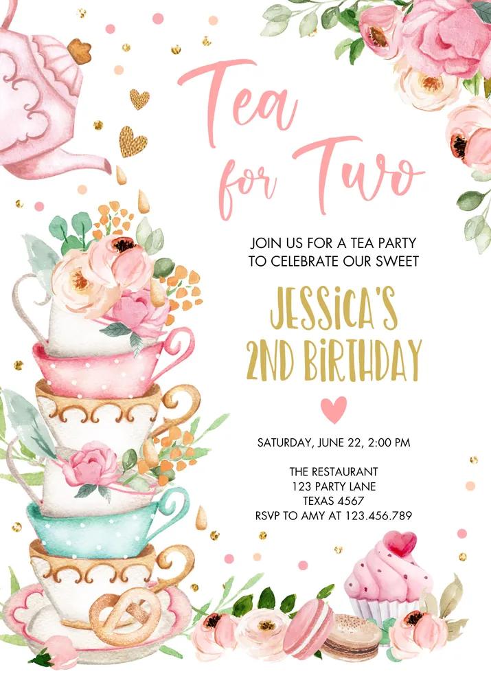 Girls Tea for Two Birthday Invite - Editable Canva Template Pink Gold