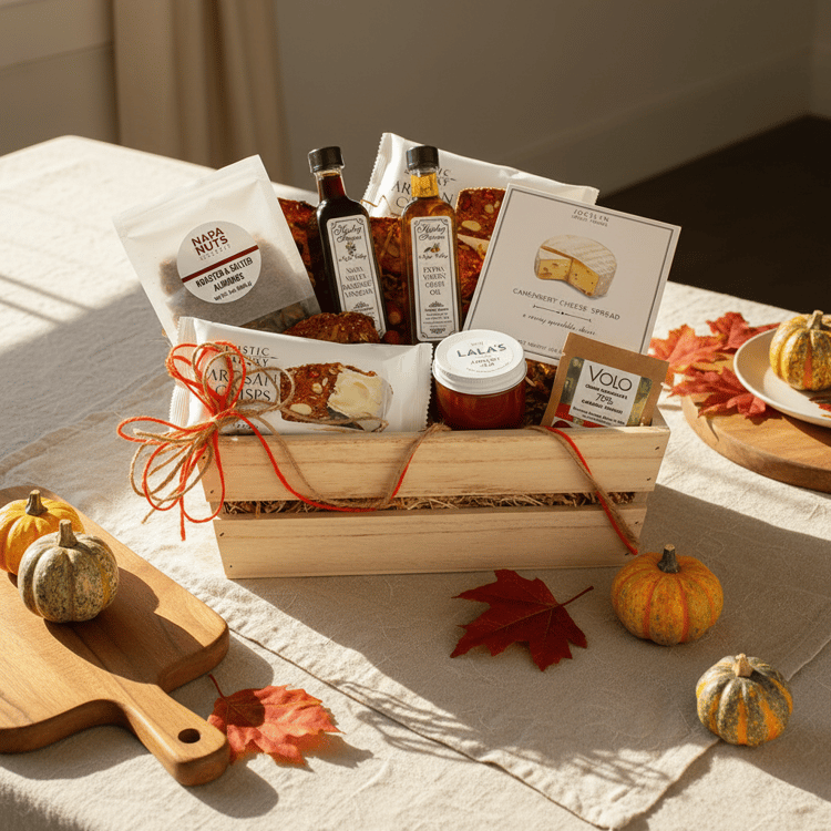 Gift basket with various items on a table with autumn decorations