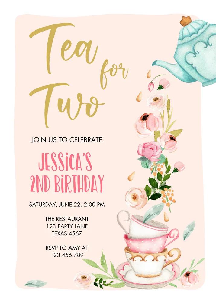 Tea for Two Birthday Party Invitation | Pink & Gold Floral Canva Template