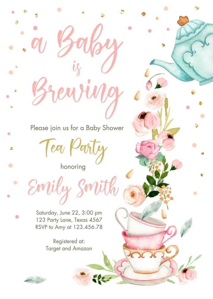 Tea Party Baby Shower Invitation | Pink Floral Canva Template Instant Download