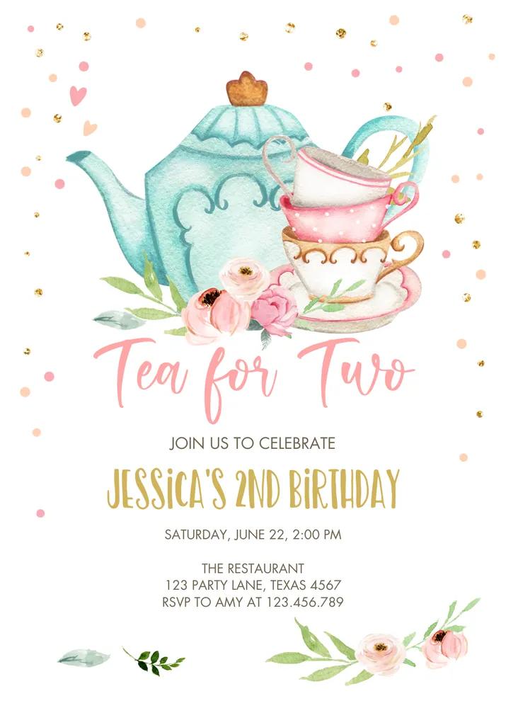 Tea for Two Birthday Invitation Canva Template Girl Pink Floral Peach Gold