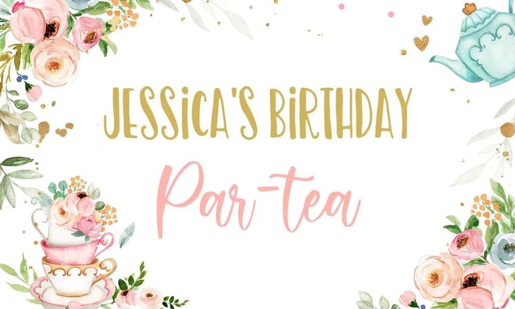 Tea for Two Birthday Backdrop | Pink & Gold Floral Editable Canva Template