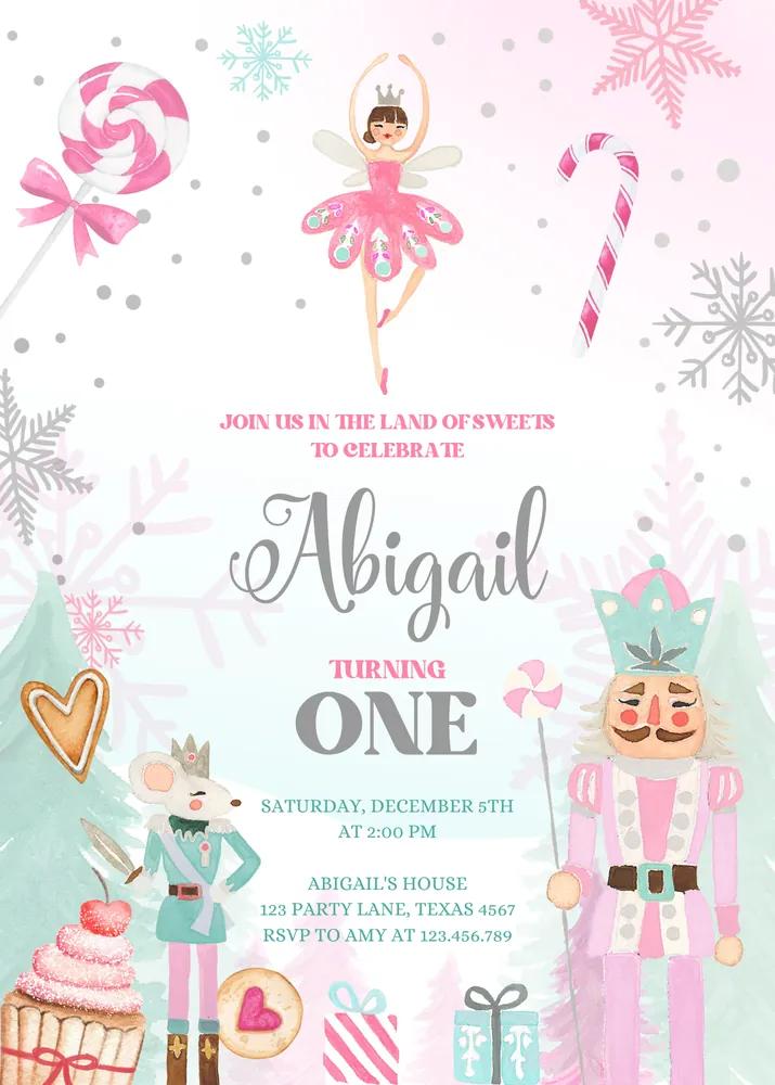 Nutcracker Birthday Party Invite Pink Land of Sweets Sugar Plum Fairy Canva