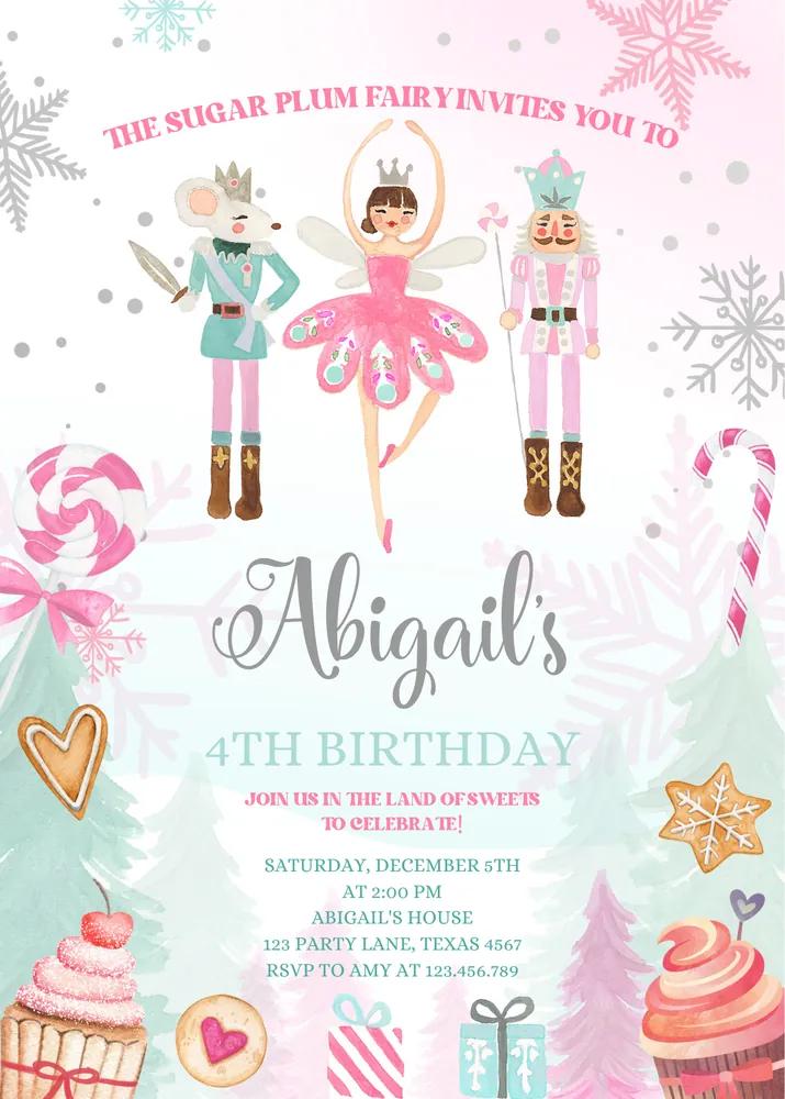 Nutcracker Birthday Invitation Girl Land of Sweets Pink Sugar Plum Fairy Canva