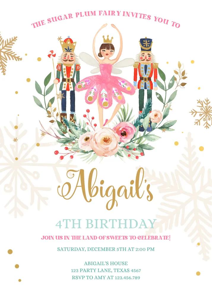 Nutcracker Birthday Party Invite Pink Sugar Plum Fairy Ballet Canva Template