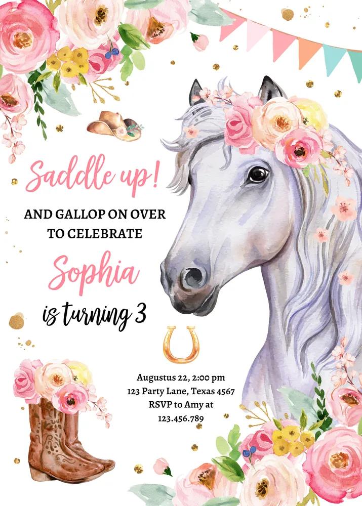 Horse Birthday Invitation Girl Saddle Up Cowgirl Pink Floral Canva Template